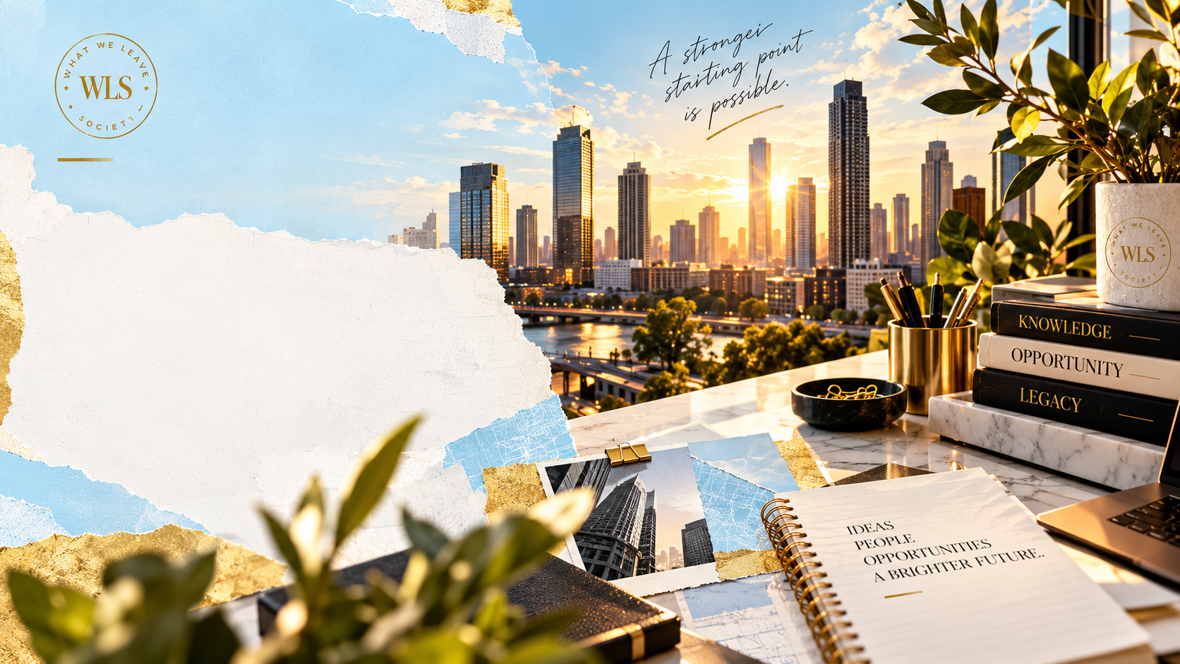 Editorial workspace collage with skyline, books, notebook, and contact-style inspiration.